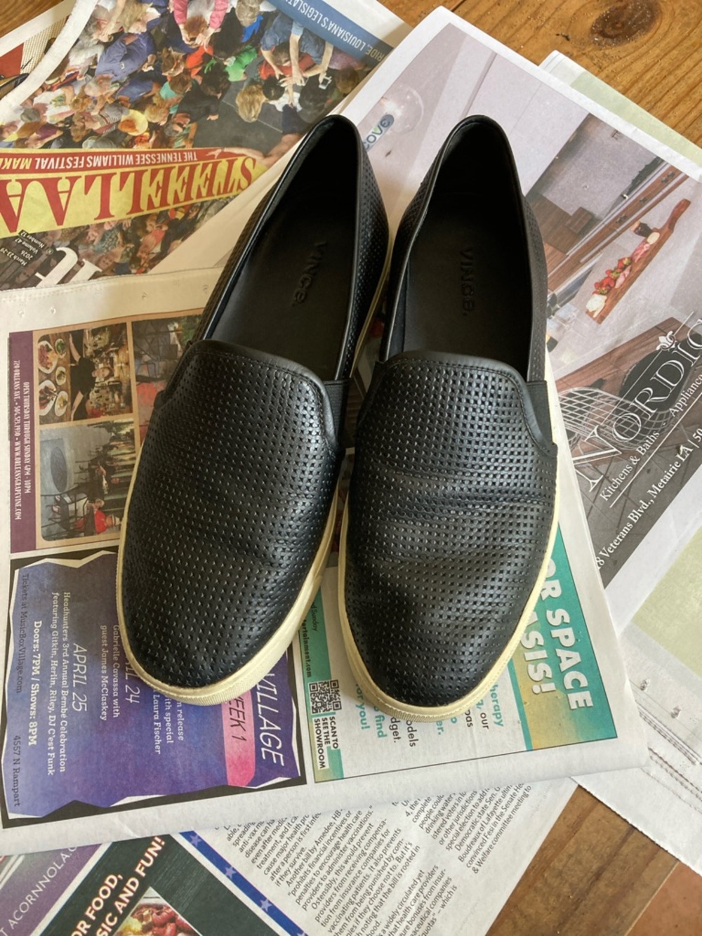 Vince Black Perforated Slip-On Loafers with White Sole